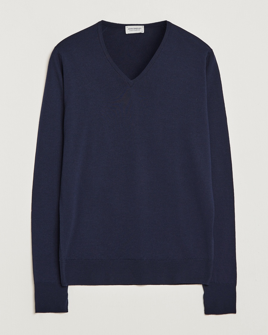 John Smedley Bobby Extra Fine Merino V-Neck Pullover Midnight – Bleu