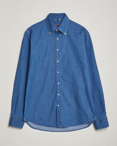 Homme | Stenströms | Stenströms | Fitted Body Button Down Garment Washed Shirt Mid Blue Denim