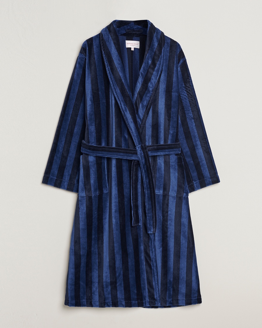 Derek Rose Striped Cotton Velour Gown Navy – Bleu
