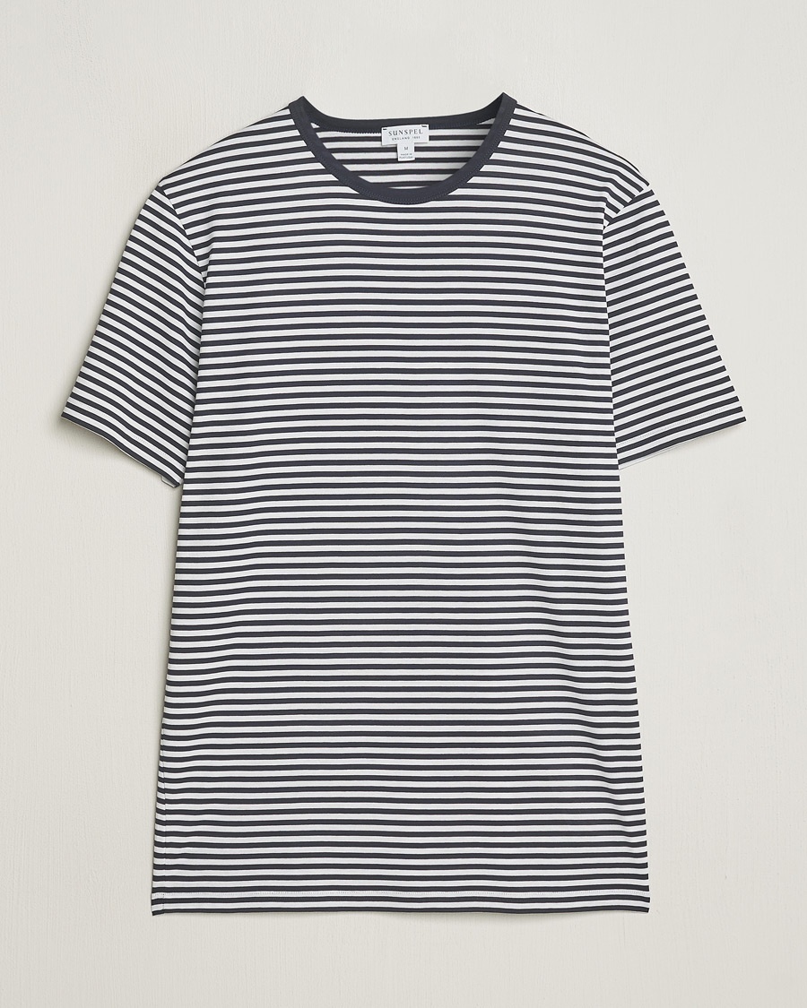 Sunspel Striped Crew Neck Q82 Cotton T-Shirt White/Navy – Bleu