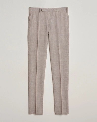  Slim Fit Cotton/Linen Micro Houndstooth Trousers Beige