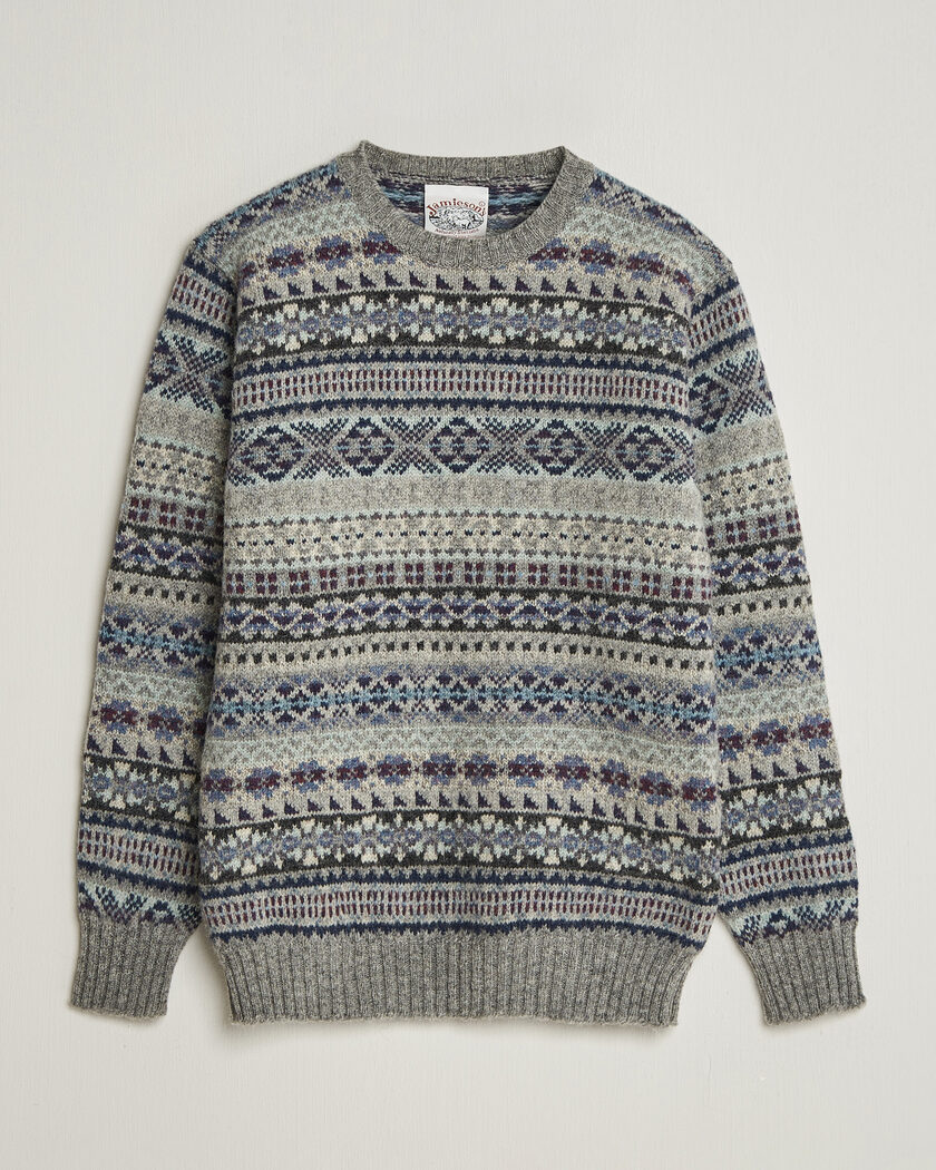 Jamieson's of Shetland Jamiesons Of Shetland All Over Fair Isle Pullover Crew Neck Light Grey – Gris