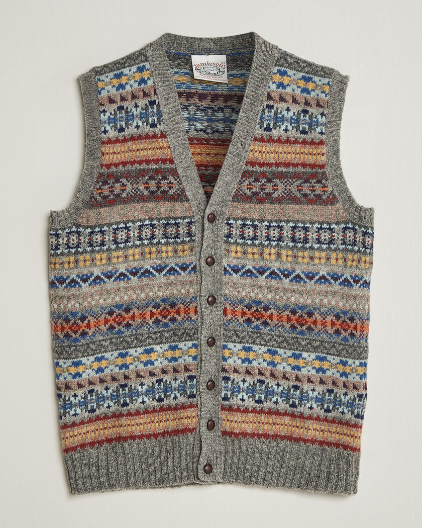 Jamieson's of Shetland Jamiesons Of Shetland All Over Fair Isle Waistcoat Grey – Gris