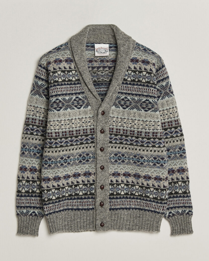 Jamieson's of Shetland Jamiesons Of Shetland All Over Fair Isle Shawl Collar Cardigan Grey – Gris