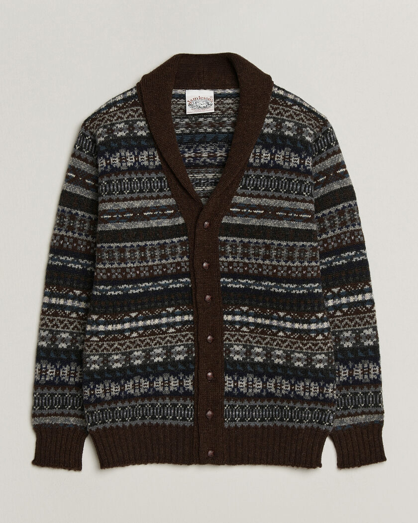 Jamieson's of Shetland Jamiesons Of Shetland All Over Fair Isle Shawl Collar Cardigan Brown – Marron