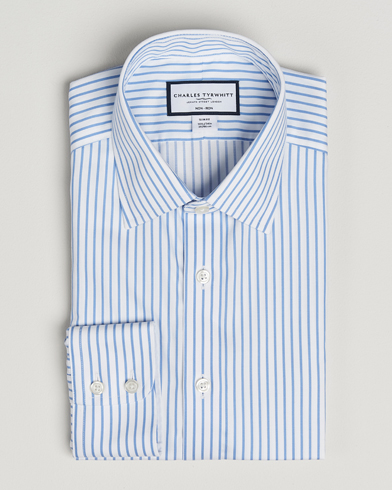 Charles Tyrwhitt Slim Fit Non Iron Striped Twill Cut Away Shirt White/Sky – Blanc