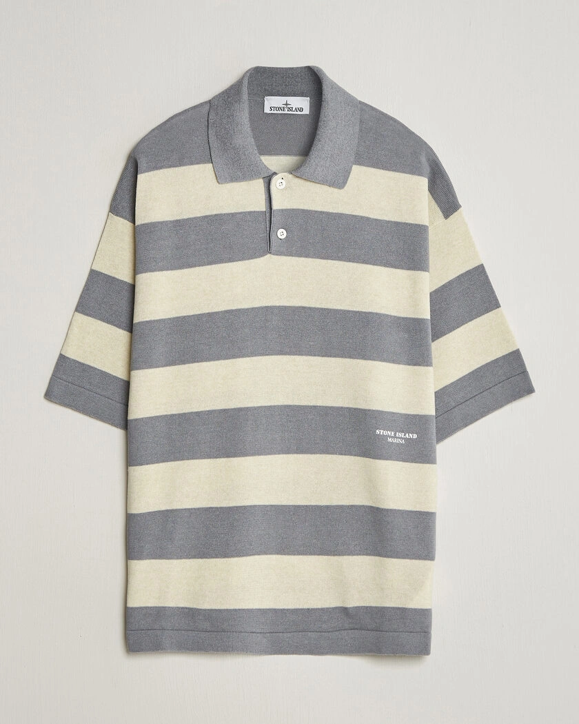 Stone Island Marina Knitted  Cotton/Linen Polo Ivory Melange – Gris