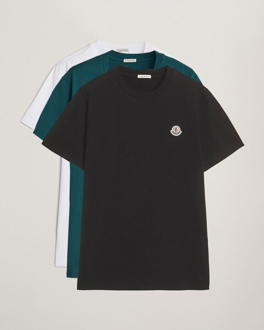 Moncler 3-Pack Logo T-Shirts Black/White/Green – Blanc