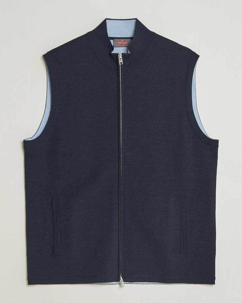 Morris Merino Double Zip Vest Navy – Bleu