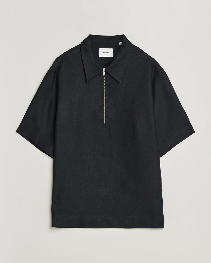 NN07 Bruno Linen/Viscose Half Zip Polo Black – Noir
