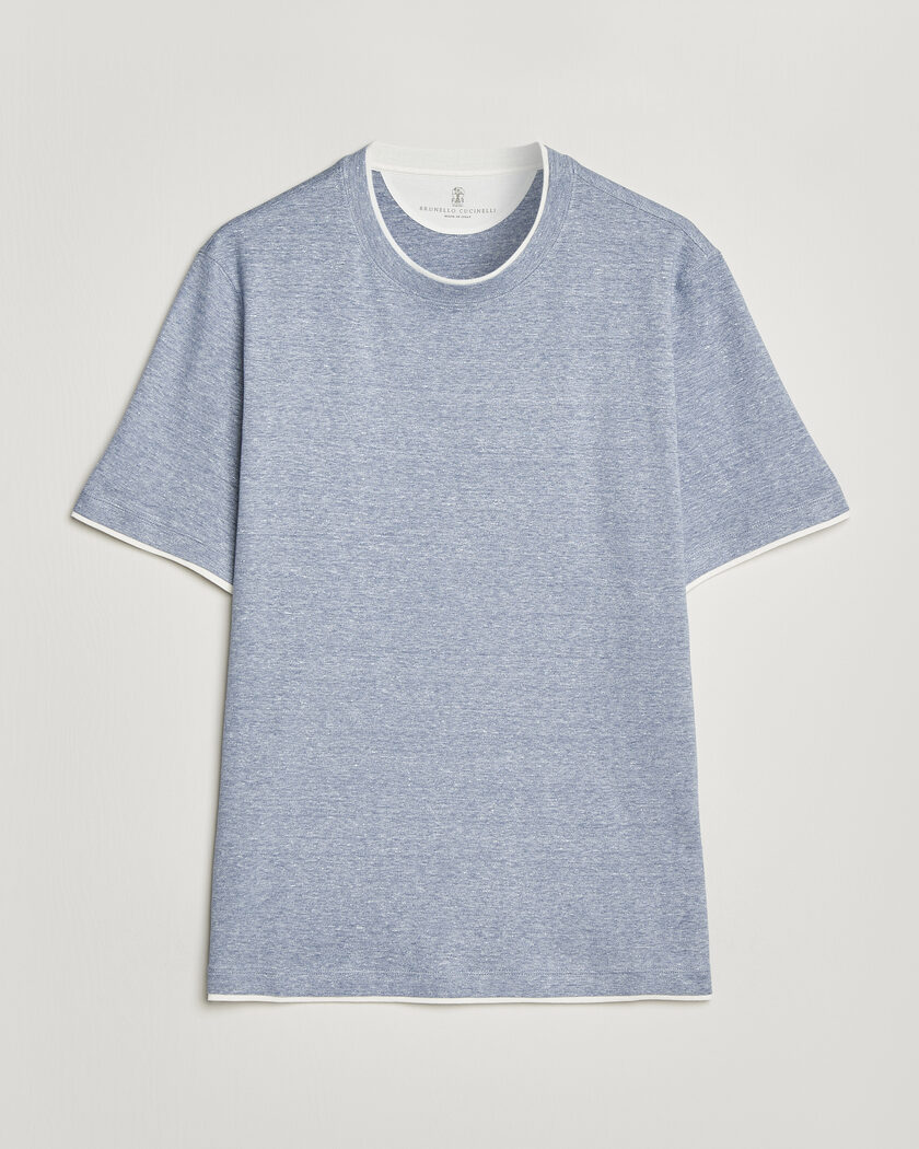 Brunello Cucinelli Double Collar Linen T-Shirt Light Blue – Bleu