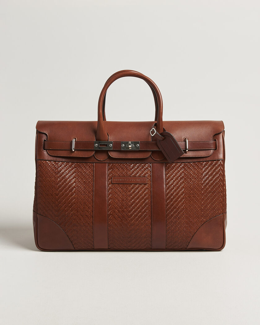 Brunello Cucinelli Woven Leather Duffle Bag Burnished Calf – Marron