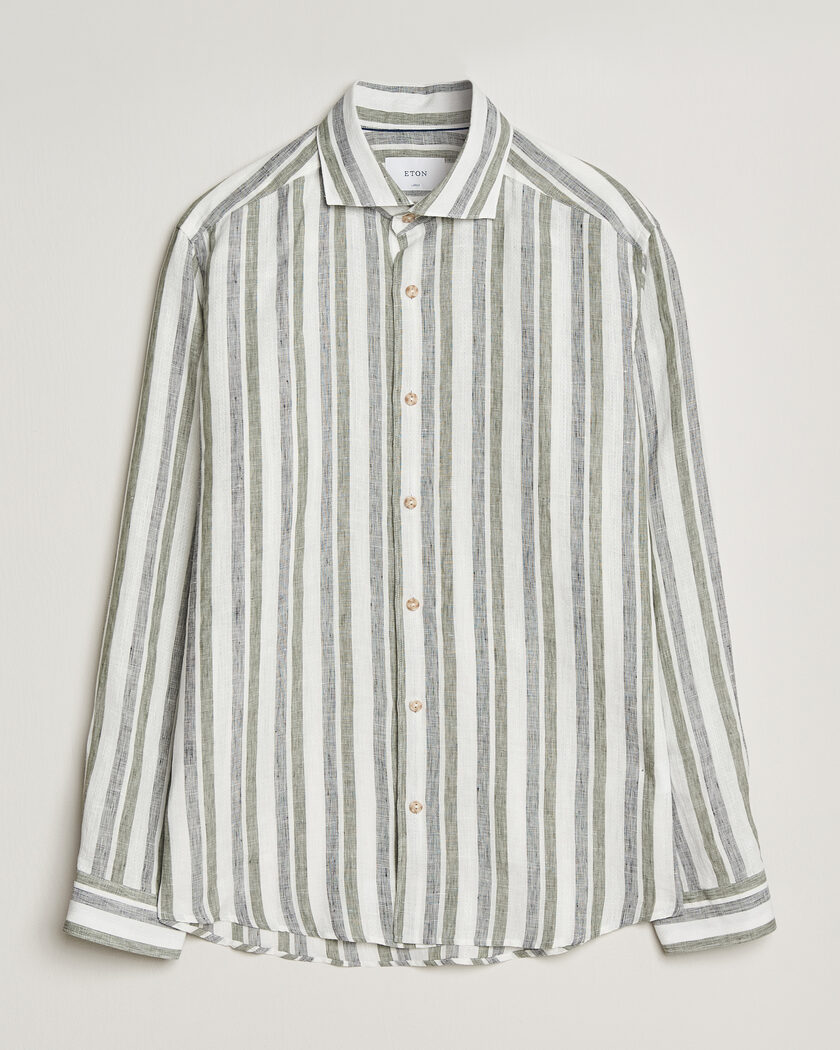 Eton Casual Fit Striped Linen Shirt Dark Green – Vert