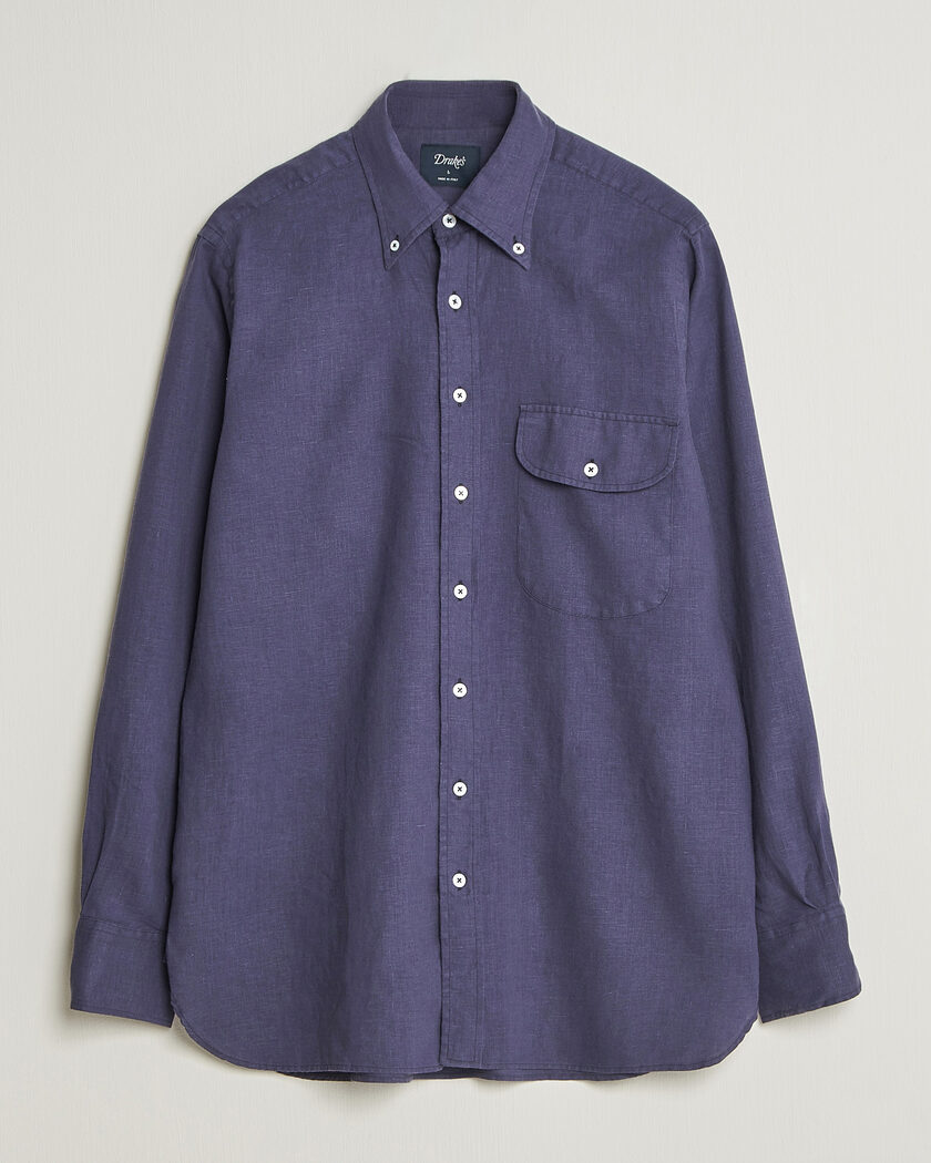 Drake's Linen Button Down Curved Pocket Shirt Navy – Bleu