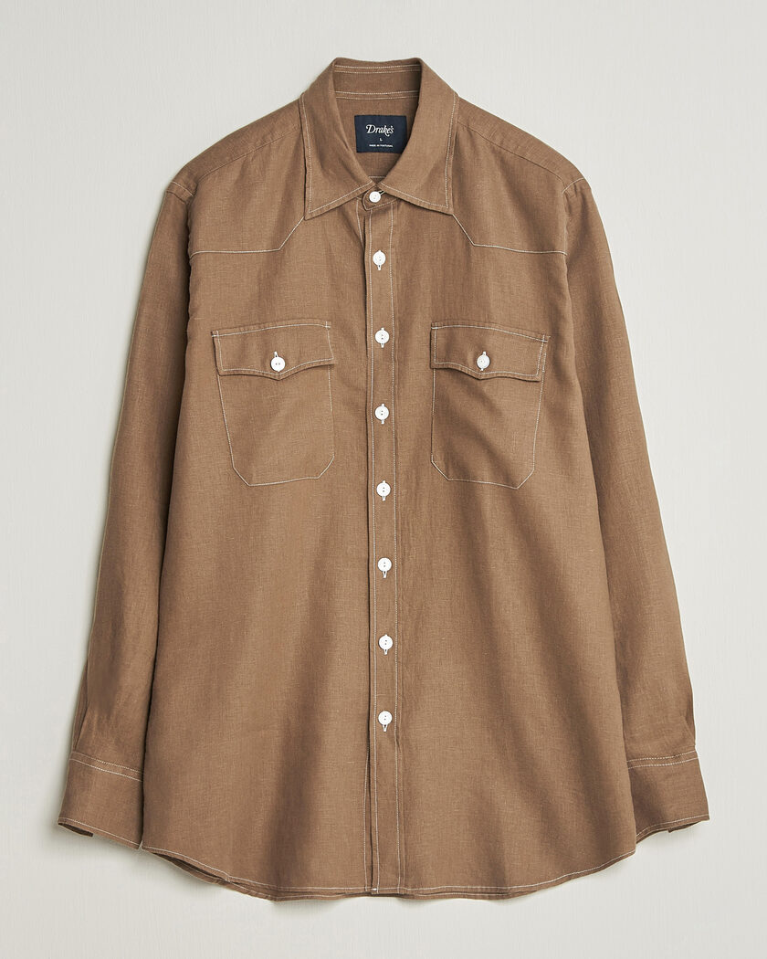 Drake's Solid Linen Western Shirt Brown – Marron