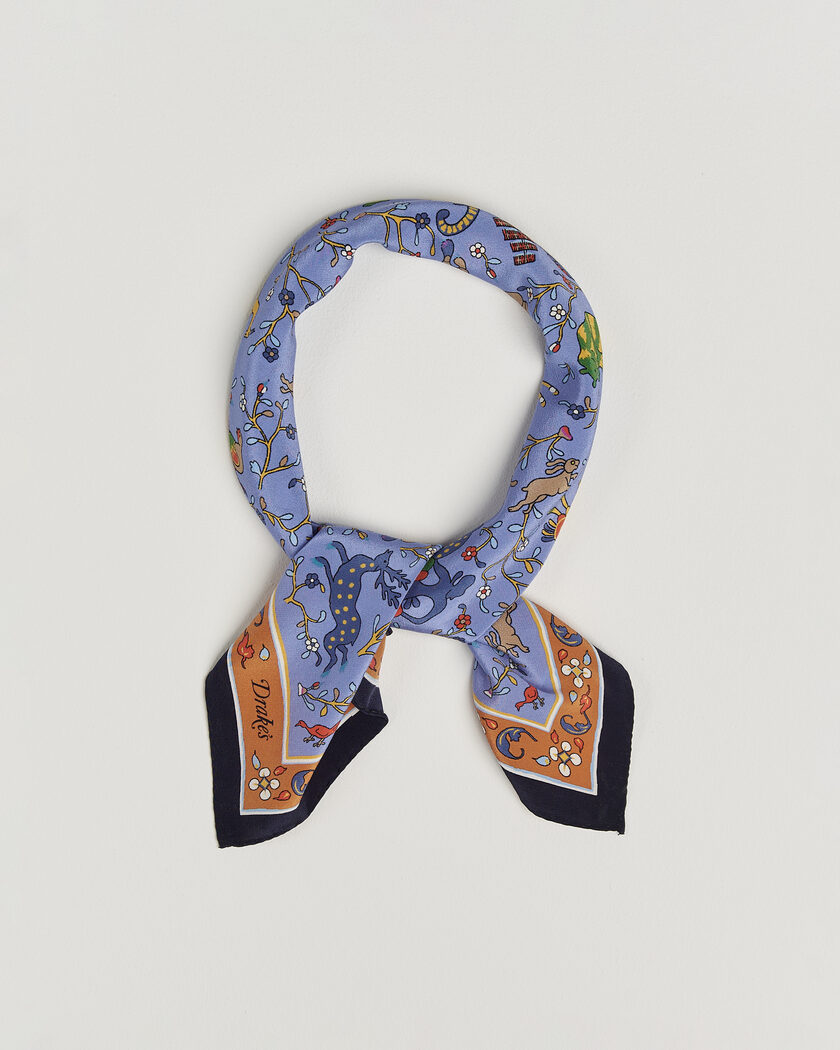 Drake's Animals And Flowers Print Crepe Silk Bandana Blue – Bleu