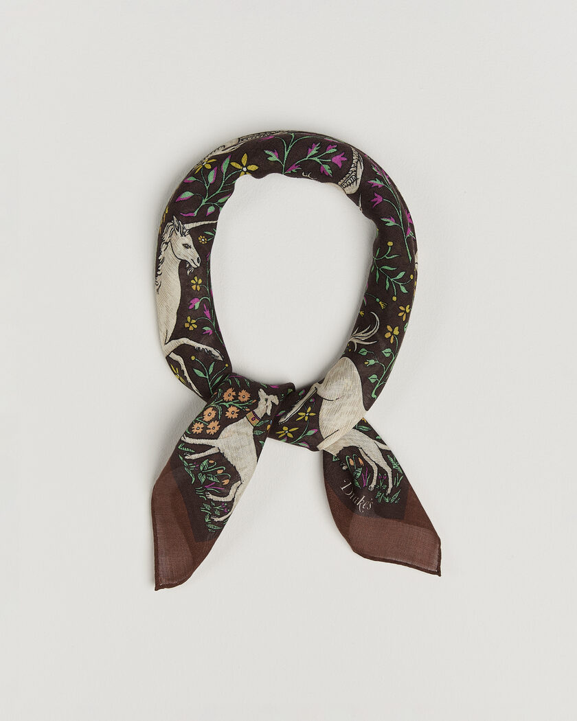 Drake's Unicorn Print Wool/Silk Bandana Brown – Marron