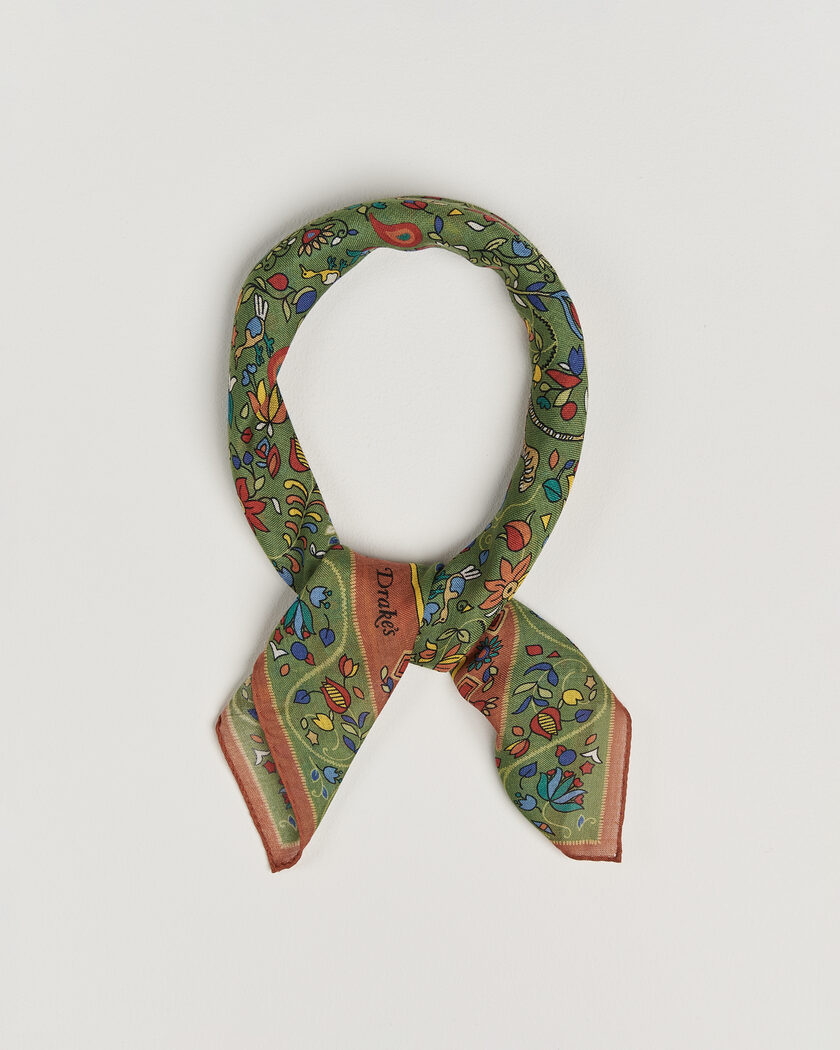 Drake's Tiger Garden Wool/Silk Bandana Green – Vert