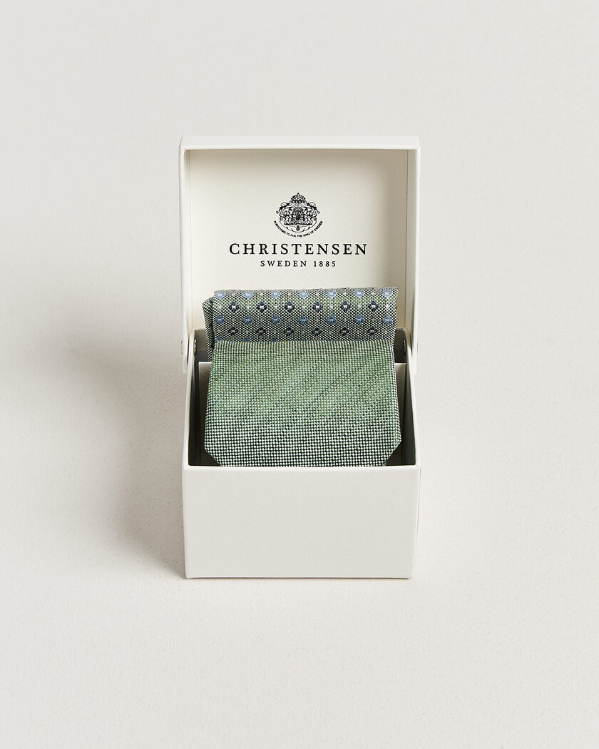 Amanda Christensen Box Set Printed Silk 8cm Tie With Pocket Square Green – Vert