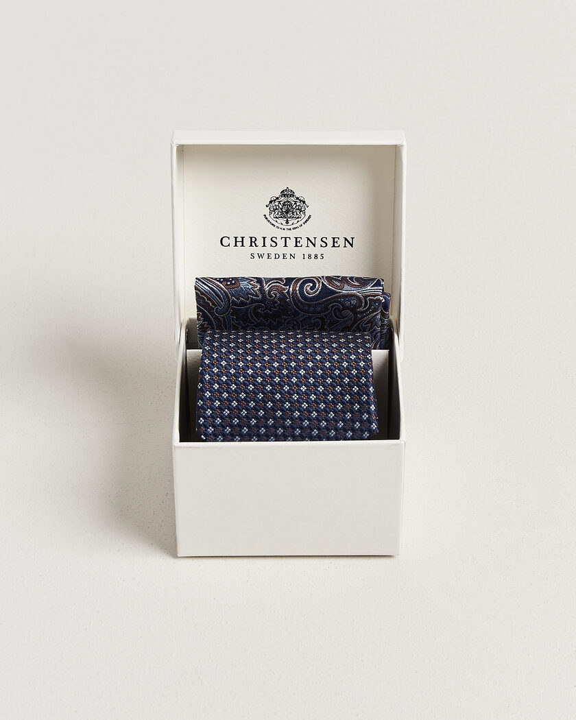 Amanda Christensen Box Set Printed Silk 8cm Tie With Pocket Square Navy/Brown – Bleu