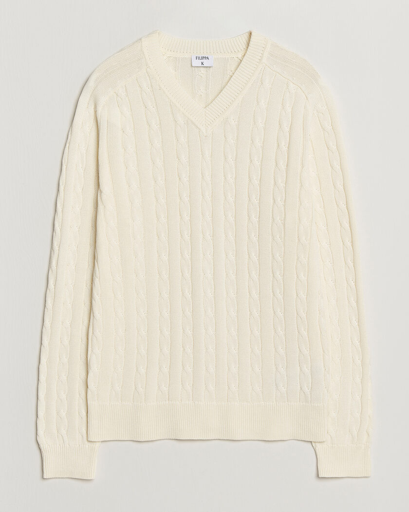 Filippa K Cotton Cable V-Neck Sweater Calico White – Blanc