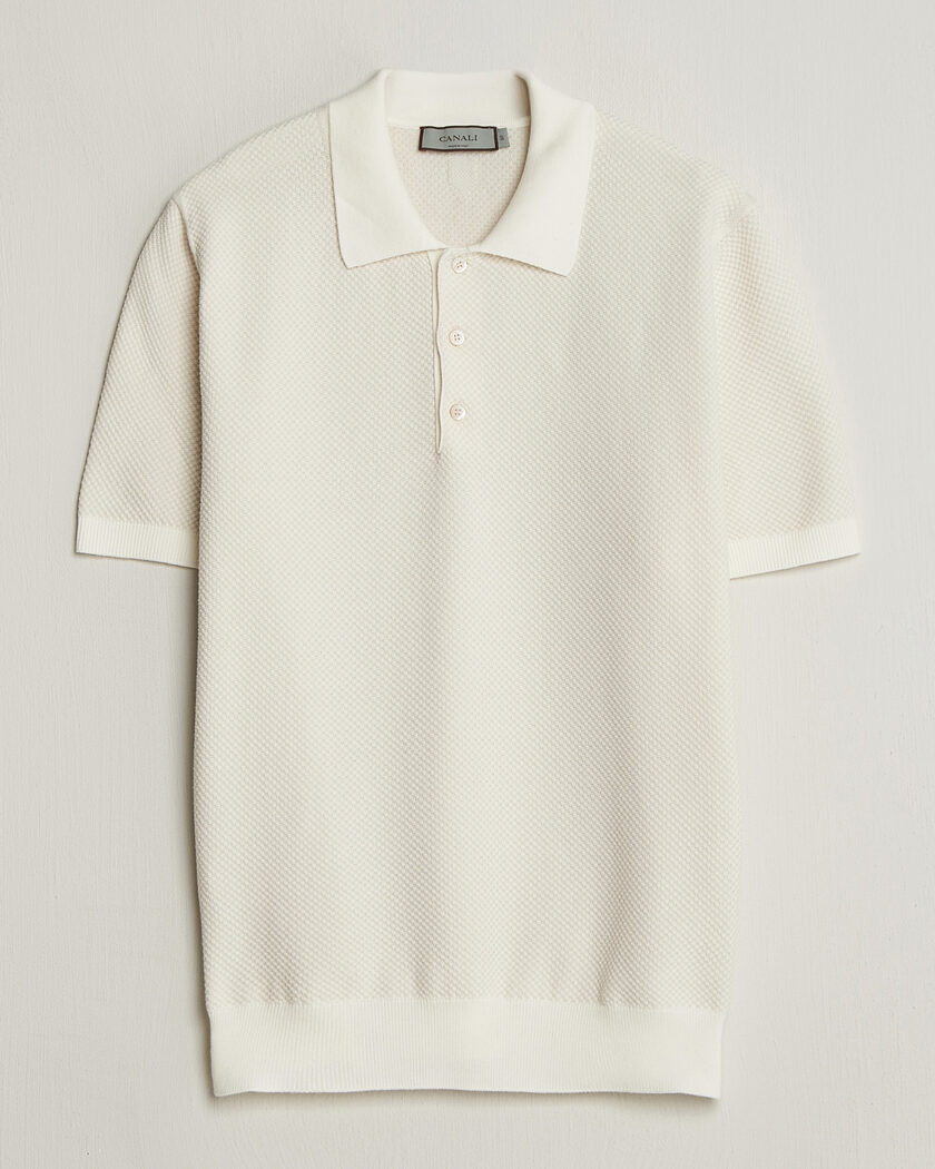 Canali Textured Knit Short Sleeve Polo Off White – Blanc
