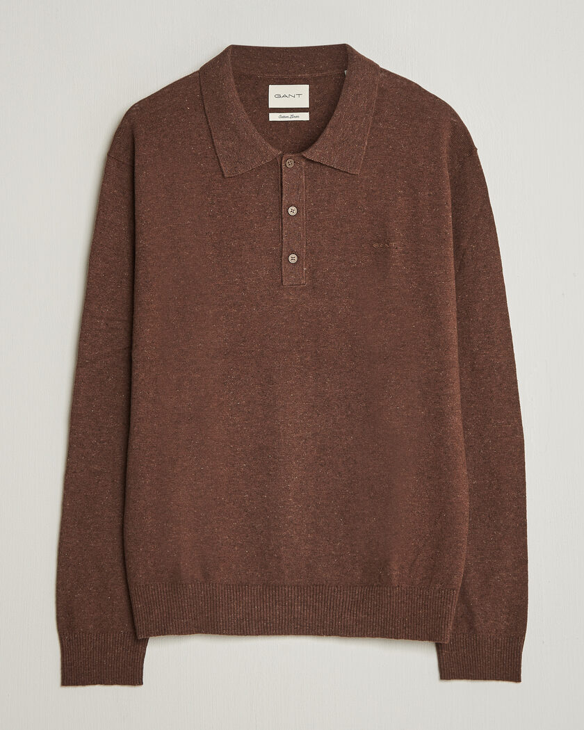 GANT Cotton/Linen Slub Knitted Polo Hazelnut Melange – Marron