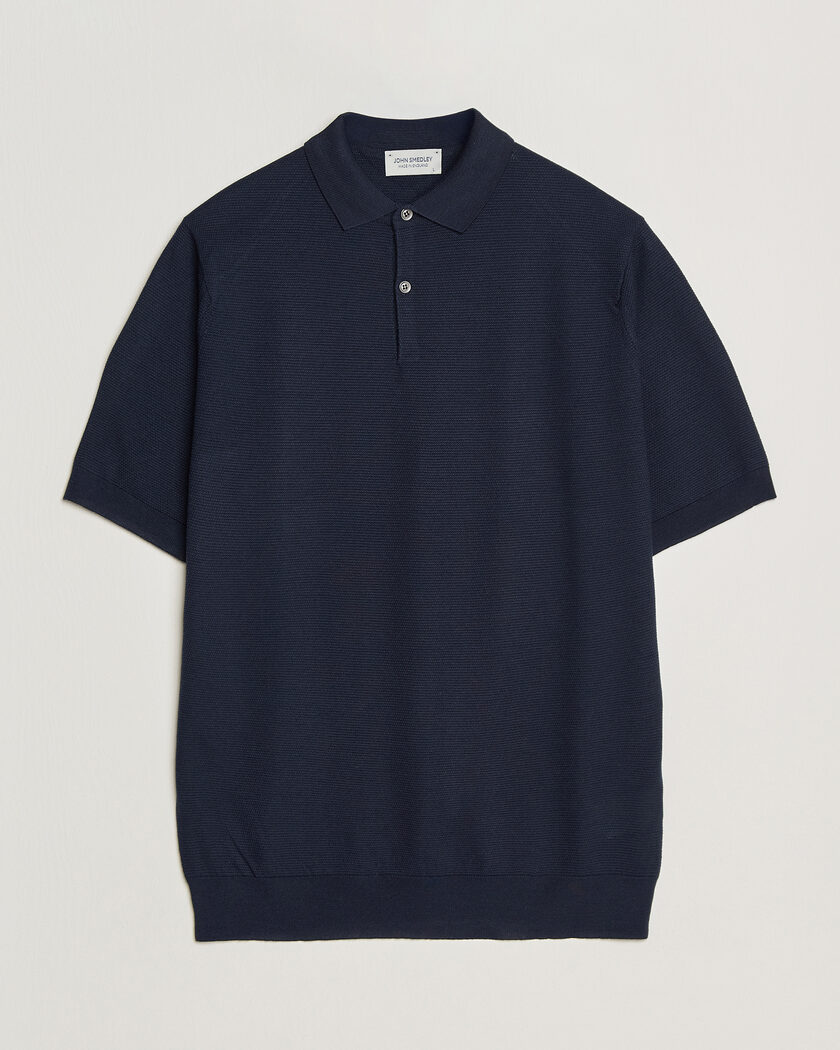 John Smedley 14 Singular Knitted Textured Polo Midnight – Bleu