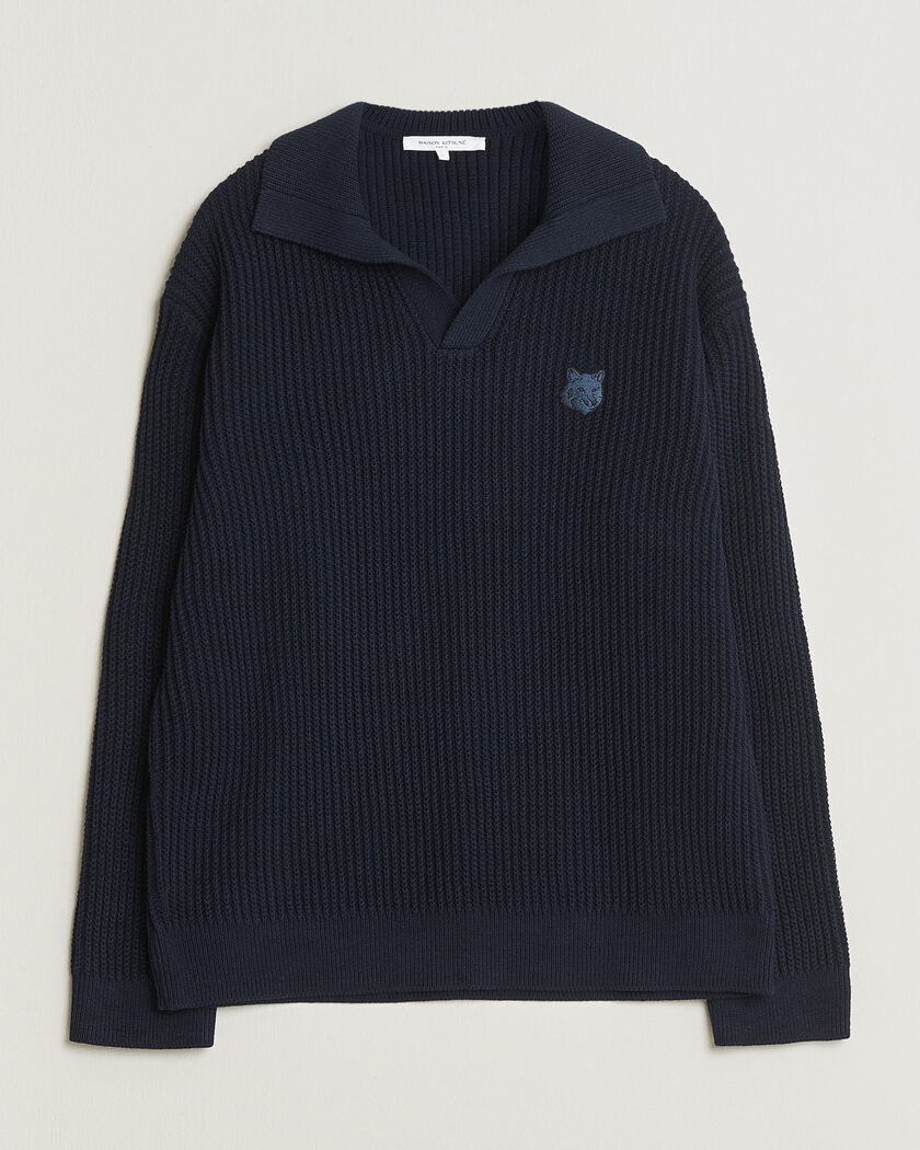 Maison Kitsuné Tonal Fox Head Rib Knitted Polo Navy – Bleu