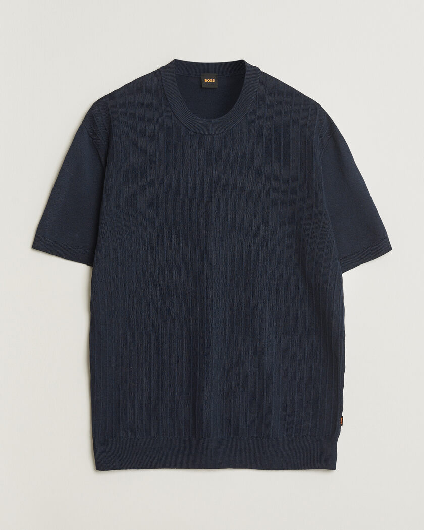 BOSS ORANGE Kajordino Linen/Cotton Knitted T-Shirt Dark Blue – Bleu