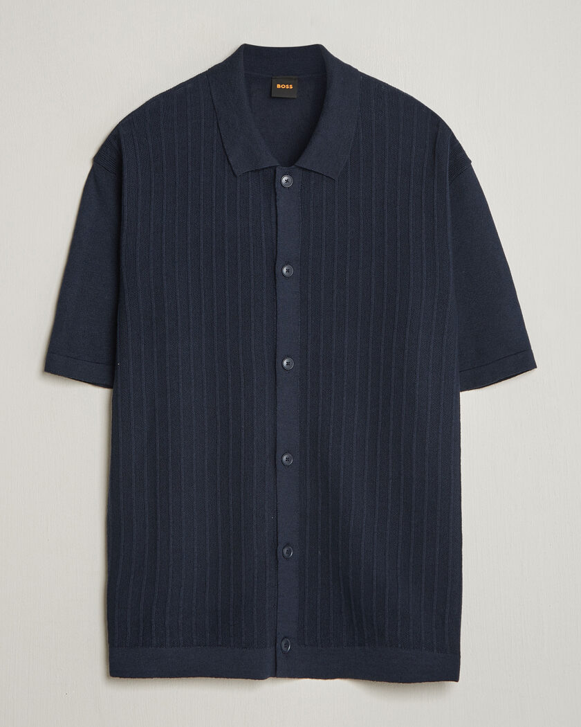 BOSS ORANGE Amicino Linen/Cotton Knitted Shirt Dark Blue – Bleu