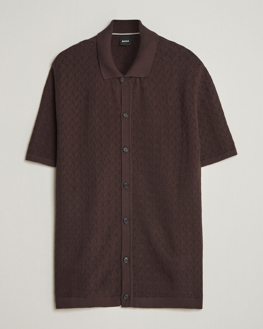 BOSS BLACK Nappo Knitted Short Sleeve Shirt Dark Brown – Marron
