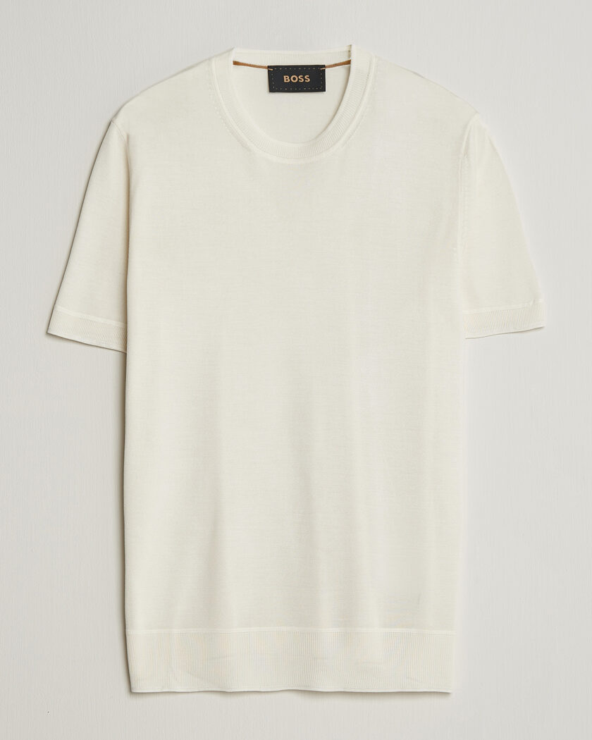 BOSS CAMEL Nottano Silk Knitted T-Shirt Open White – Blanc