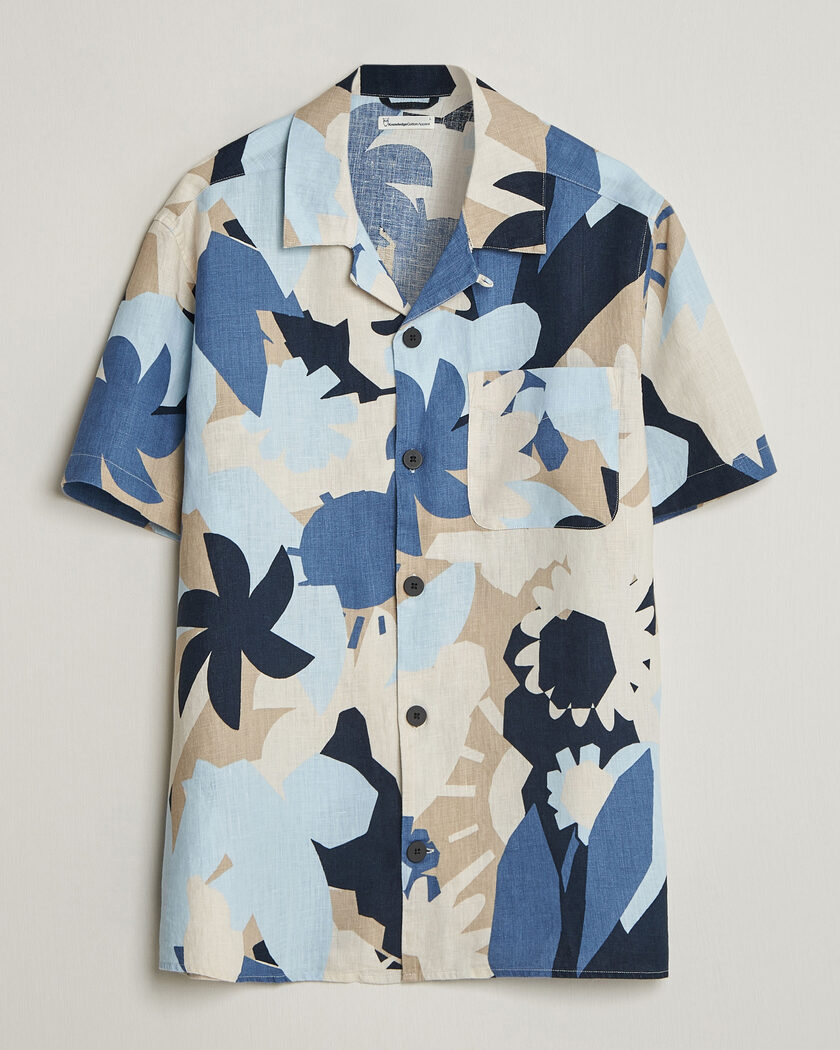 KnowledgeCotton Apparel Relaxed Printed Linen Short Sleeve Shirt Blue – Bleu