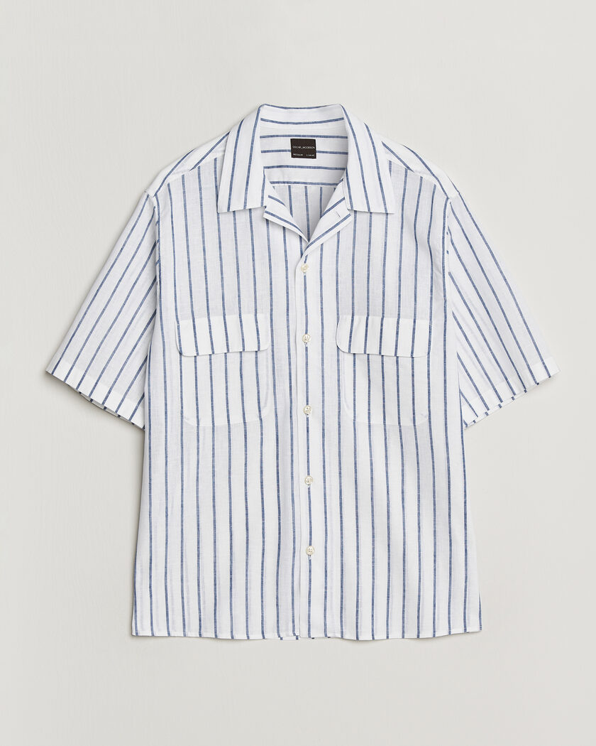 Oscar Jacobson Striped Short Sleeve Linen Shirt Navy/White – Blanc