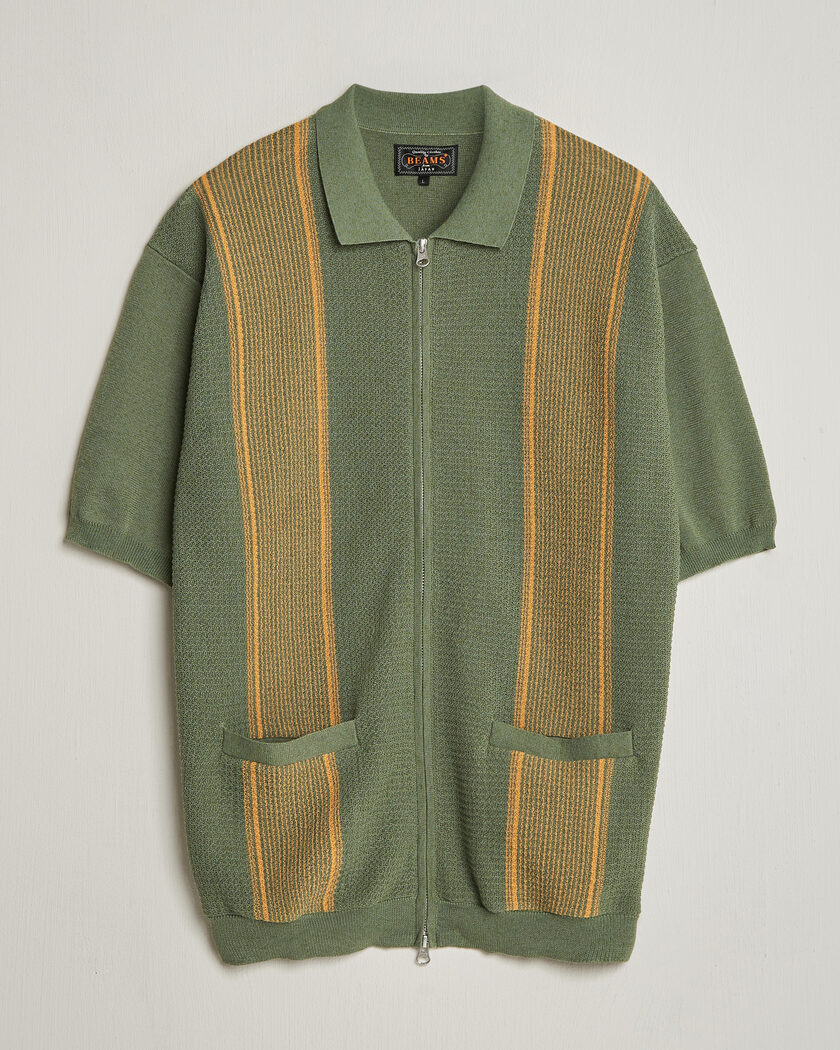 BEAMS PLUS Zip Knit Striped Polo Olive – Multicolore