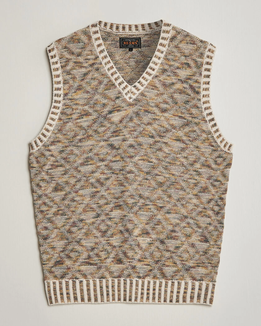 BEAMS PLUS Kasuri Jacquard Knit Vest Beige – Multicolore