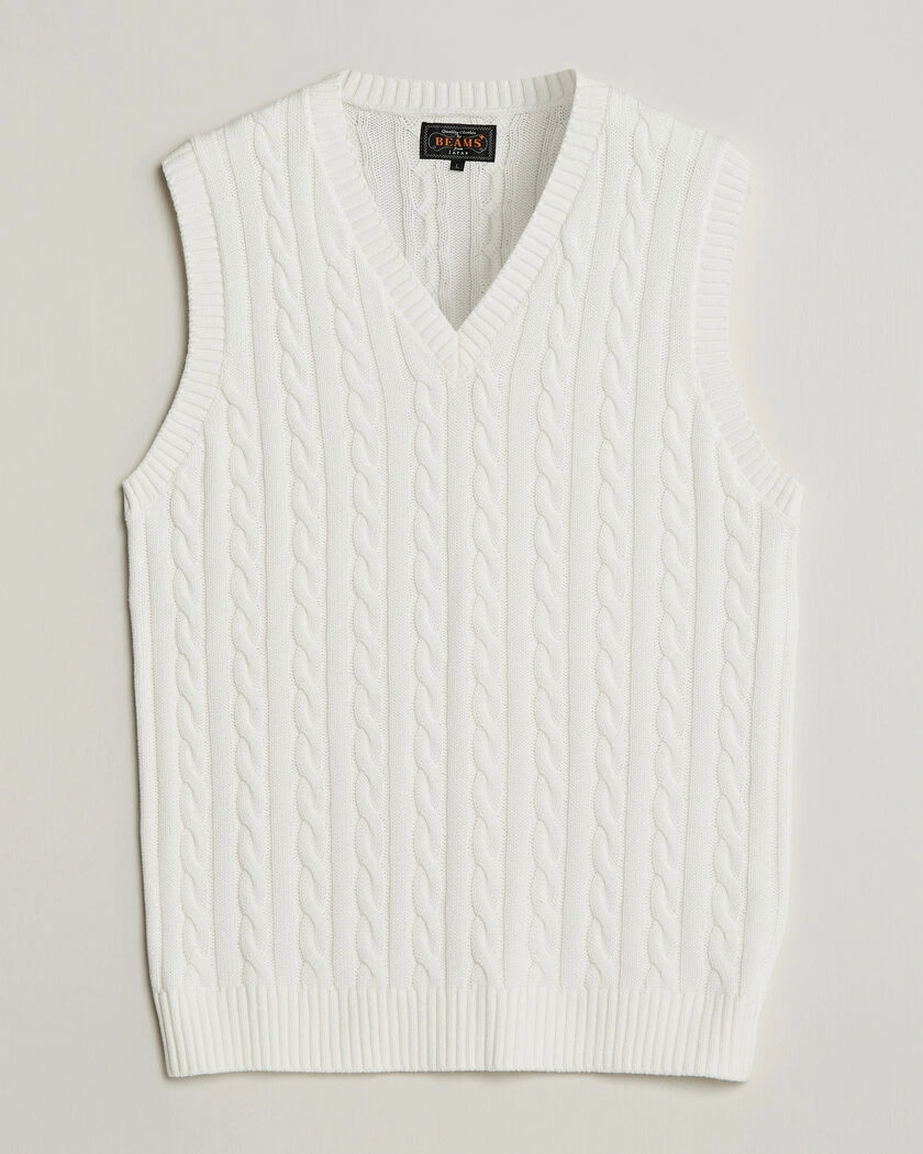 BEAMS PLUS Cable Knit Vest White – Blanc