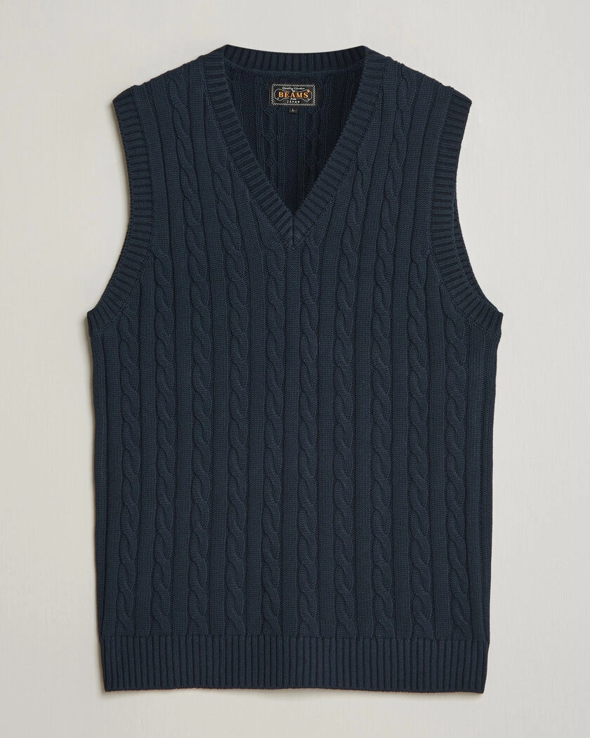 BEAMS PLUS Cable Knit Vest Navy – Bleu