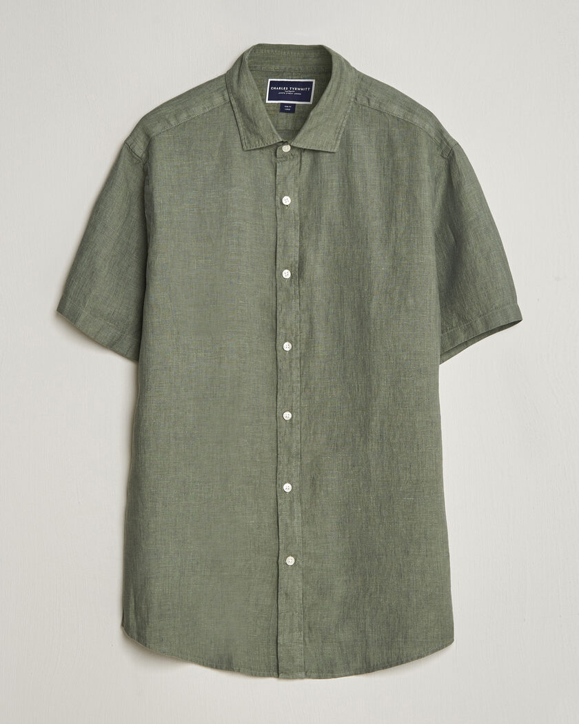 Charles Tyrwhitt Pure Linen Short Sleeve Slim Fit Shirt Olive – Vert