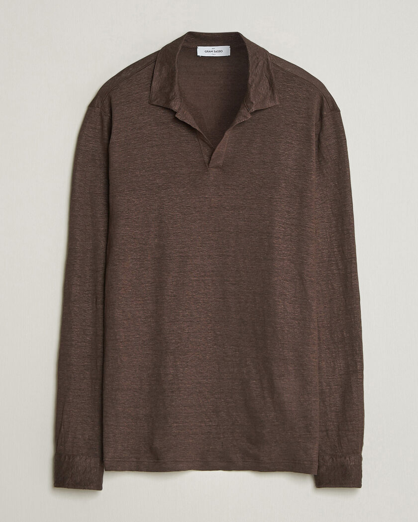 Gran Sasso Washed Linen Long Sleeve Polo Brown Melange – Marron