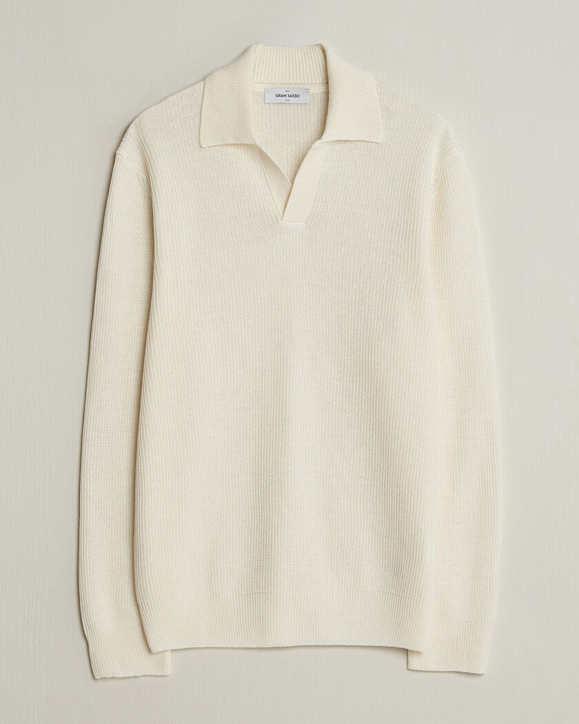 Gran Sasso Linen/Cotton Open Collar Knitted Polo Cream – Blanc