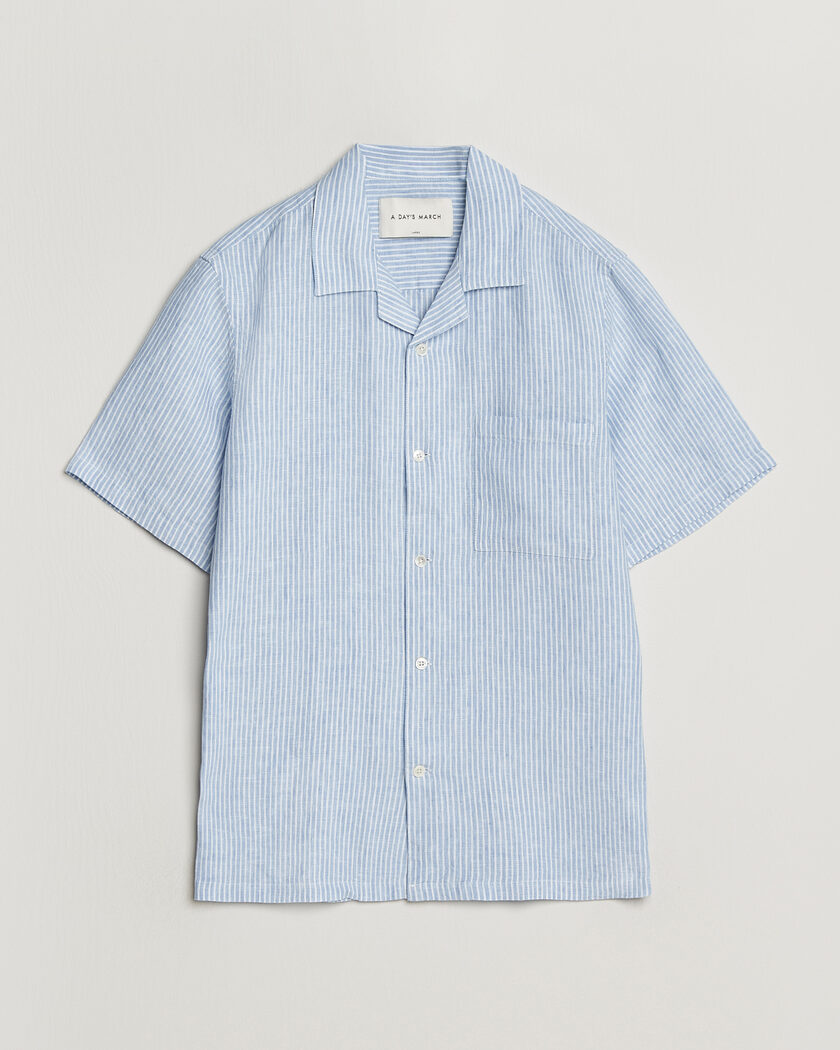 A Day's March Yamu Striped Linen Short Sleeve Shirt Light Blue – Bleu