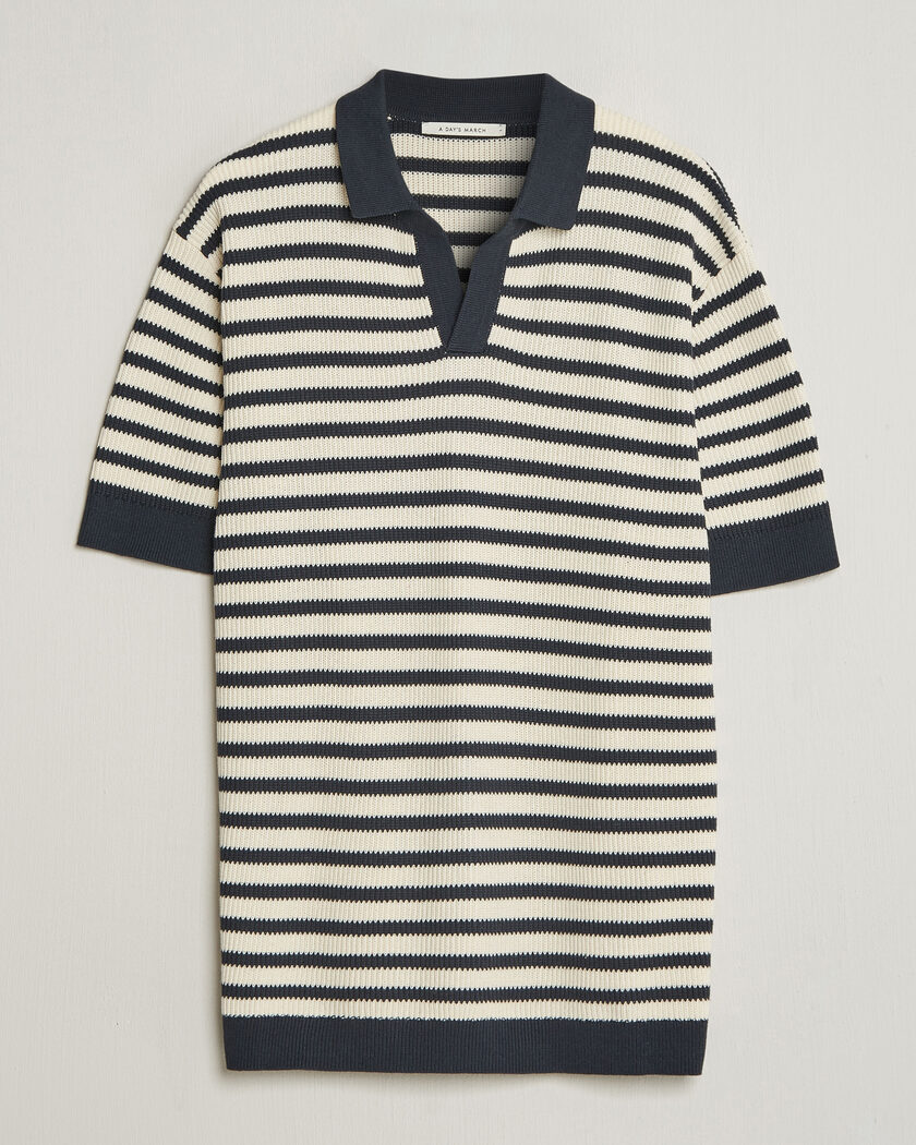 A Day's March Jeremy Striped Knitted Polo Off White/Navy – Bleu