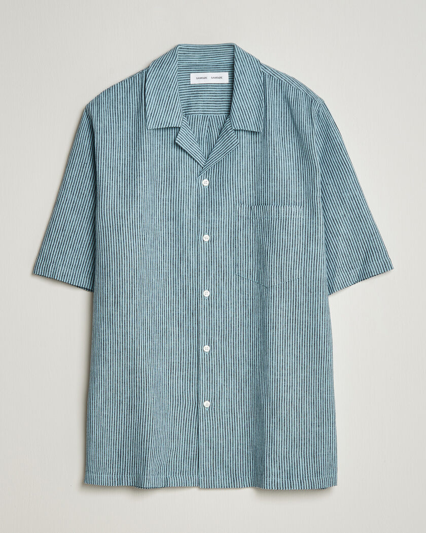 Samsøe Samsøe Oscar Linen/Cotton Striped Short Sleeve Shirt Tourmaline – Bleu