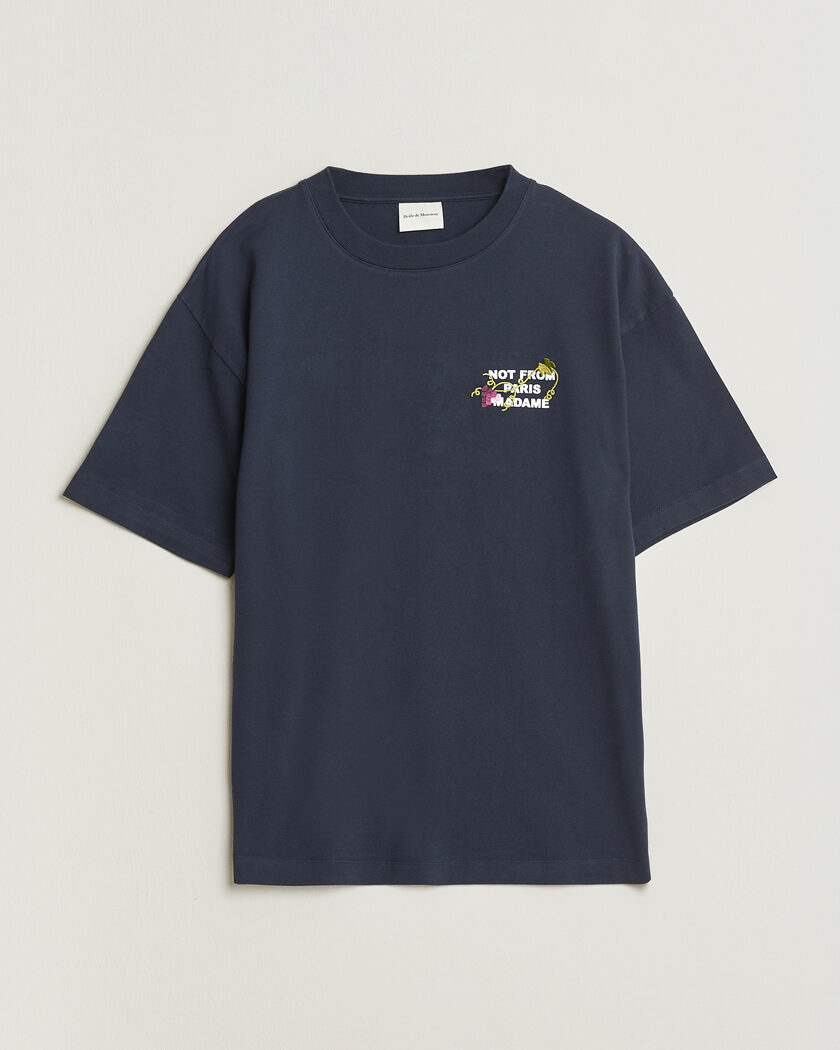Drôle de Monsieur Vine Embroidered Slogan T-Shirt Navy – Bleu