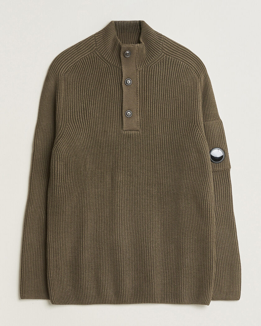 C.P. Company Full Rib Knitted Cotton Half Button Dark Green – Vert