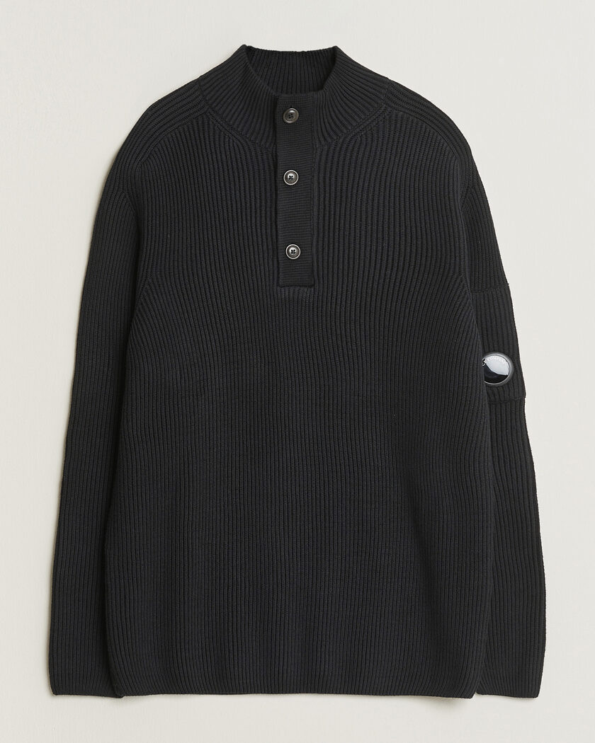 C.P. Company Full Rib Knitted Cotton Half Button Black – Noir