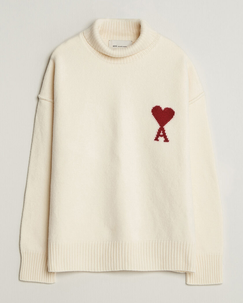 AMI Big Heart Logo Wool Knitted Polo Ecru – Blanc
