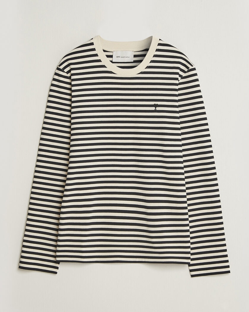 AMI Black Heart Logo Striped Long Sleeve T-Shirt Black/Ivory – Noir